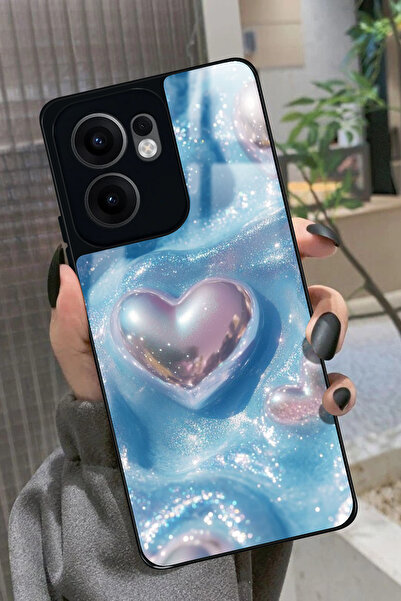 OPPO Reno 13F Uyumlu Simli Kalp Tasarımlı Glossy Premium Kılıf