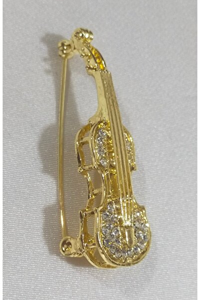 SATIYU BUTİK KAdın Erkek Keman Tasarım Taşlı Broş – Altın Renk Müzik Temalı Y...