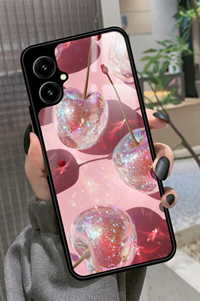 omix X5 Uyumlu Simli Kiraz Tasarımlı Glossy Premium Kılıf