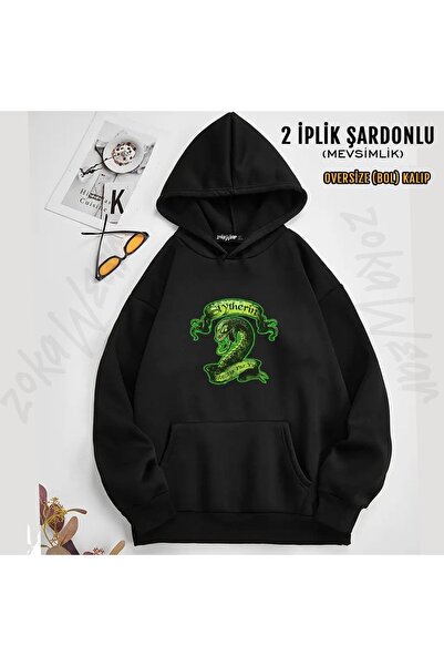 ZOKAWEAR Unisex Hary P. Slytherin Baskılı Kapşonlu Sweatshirt (2 İplik)