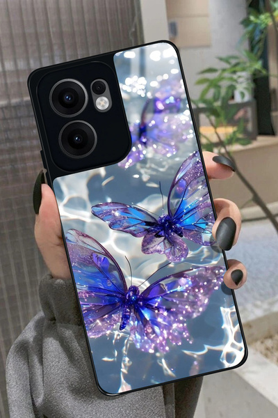 OPPO Reno 13F Uyumlu Mor Kelebek Tasarımlı Glossy Premium Kılıf