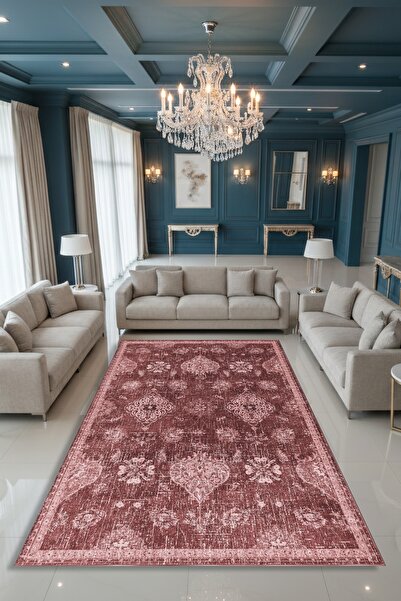 Kessy Home Studio Zeren Bordo Vintage Desenli Yıkanabilir Halı Kaymaz Taban L...
