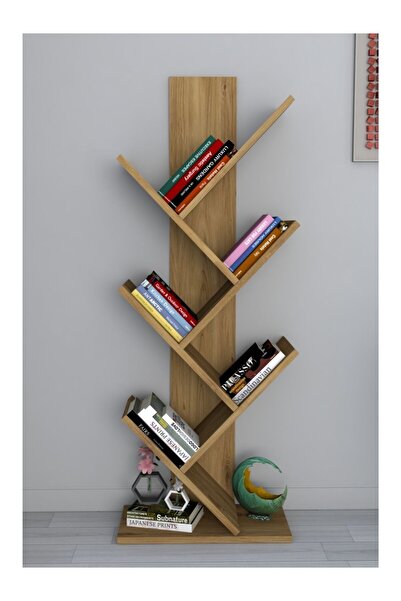 İda Wooden Modern Safir Meşe Ağaç Kitaplık – 5 Raflı, Dekoratif Kitap ve Bibl...