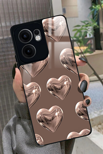 OPPO Reno 13F Uyumlu Kahverengi Kalp Tasarımlı Glossy Premium Kılıf