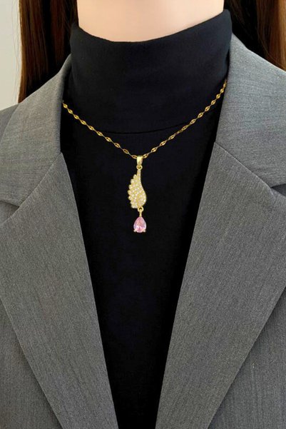 Parantez Aksesuar Pink Stone Angel Wing Steel Necklace