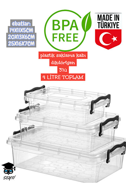 SEYFİKİRTASİYE plastik saklama kabı dikdörtgen 3'lü 4 LİTRE TOPLAM