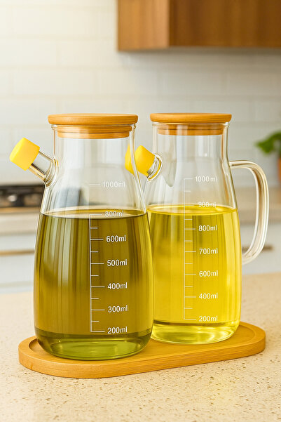 Woodcept Set of 2 Borosilicate Masterchef Glass Oil Bottles with Stand and Bamboo Vacuum Lid 1000 ml