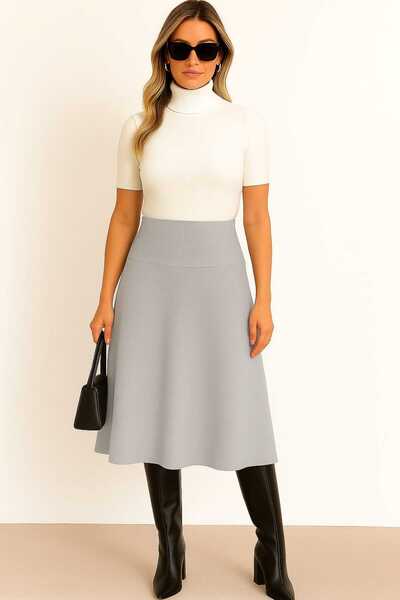 ZUM Selanik Kadın Diz Altı Kloş Midi Gri Rahat Günlük Etek Yüksek Bel Salaş Model Yırtmaçsız Etek
