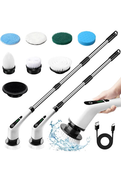 Zherqon Rotary Electric Cleaning Brush – 9 Heads, 90min, 450 RPM, 2 Speeds, 137cm Handle, USB Rechargeable