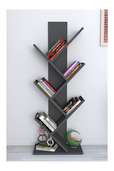 İda Wooden Modern Antrasit Gri Ağaç Kitaplık – 5 Raflı, Dekoratif Kitap ve Bi...