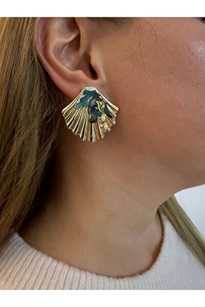 Snartun Gold Blue Patterned Pearl Detailed Seashell Shaped Earrings – Modern and Stylish Women's Jewelry |   Special Boxed