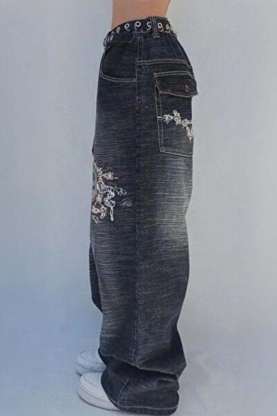 ARS Butik Black Washed P Patch Embroidery Detail Vintage Baggy Y2K Pants