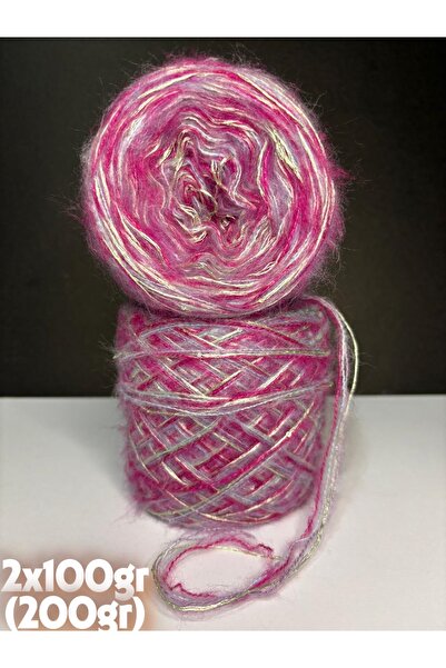 Ana&Kuzusu İplik Mavi, leylak, fuşya (3 kat) ince moher, fıstık yeşil floş pul (4 kat sarım) örgü ip 200gr