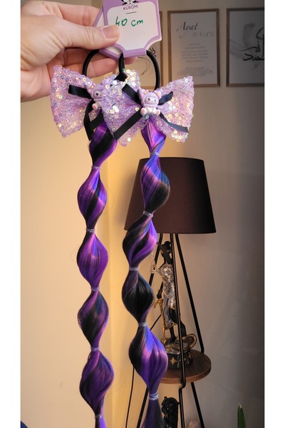 LO ADORO 2 Pieces Kuromi Anime Model Black Purple Satin Shiny Curl Braided Hair Model Length 42cm