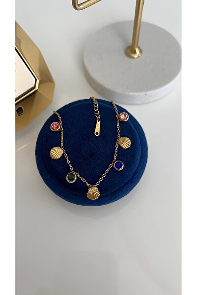 SU PERİSİ TAKI BİJUTERİ Colorful Stone Seashell Detail Steel Anklet