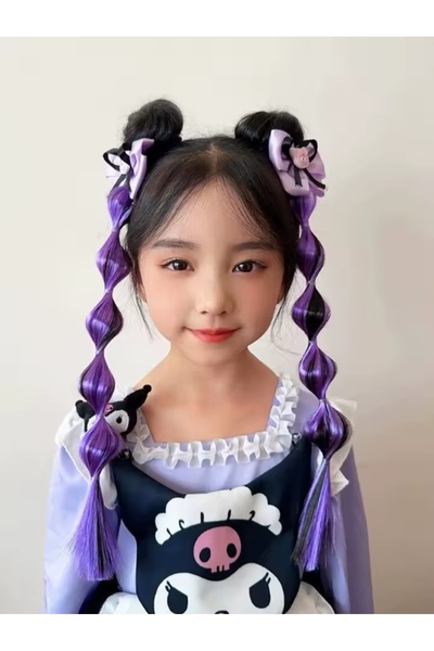 LO ADORO 2 Pieces Kuromi Anime Model Black Purple Satin Shiny Curl Braided Hair Model Length 42cm