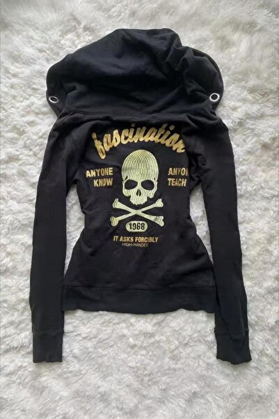 ARS Butik Black Fascination Skull Back Print Detail Y2K Hooded Crop Sweat