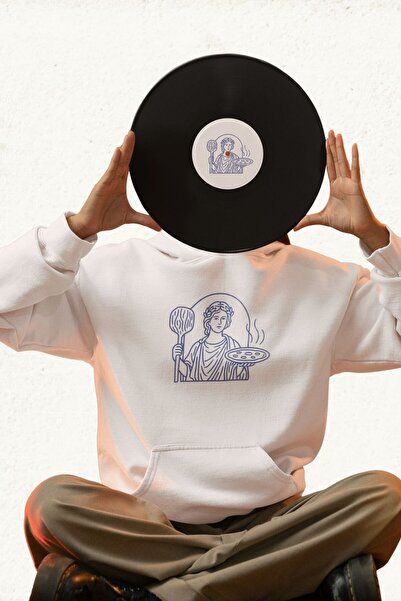 Unisex Erkek/Kadın Sacra Pizza Baskılı Pamuklu Oversize Kapüşonlu Sweatshirt