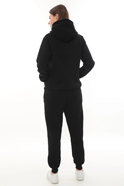 PHANTOM JEANS Μαύρο κομψό γυναικείο σετ αθλητικής φόρμας από φλις με ελαστικό πόδι και τσέπες με κουκούλα Κεντημένο σετ με λεπτομέρειες