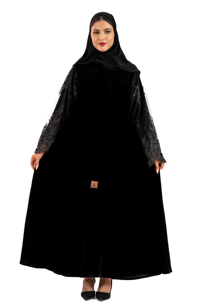 Hasnaa Abaya Larin abaya with floral lace sleeves