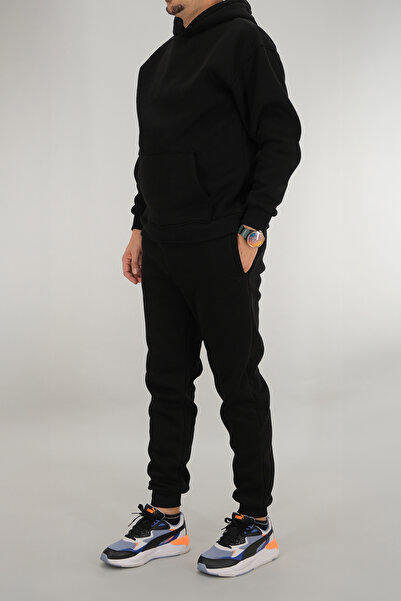 Souris Men's Black Tracksuit Set Relaxed Fit 3 Thread Fleece-Lined Hooded Drawstring Ribbed Waist