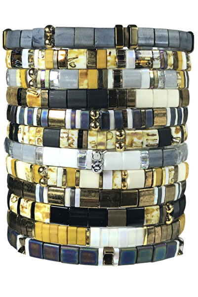 NAZLI TAKILAR مجموعة من 12 سوارًا ملونًا مصنوعًا يدويًا من خرز ميوكي تيلا الز...