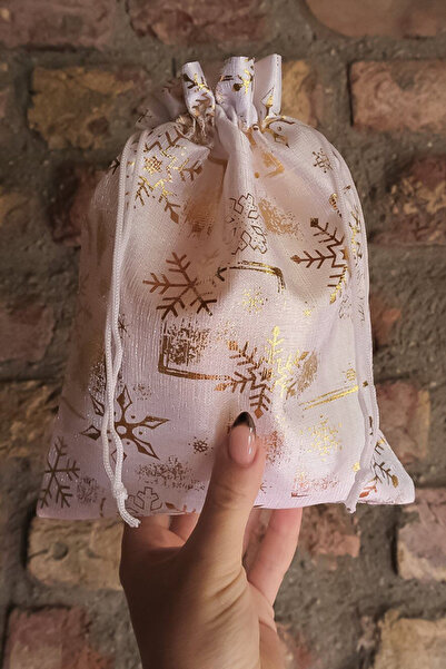 OLİ Art Büyük Boy Beyaz Altın Varaklı Kumaş Hediye Kesesi - 5 ADET - 17x23 cm...