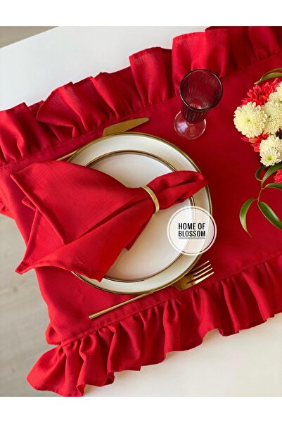 HOME OF BLOSSOM 40*120cm Red Linen Frilled Runner
