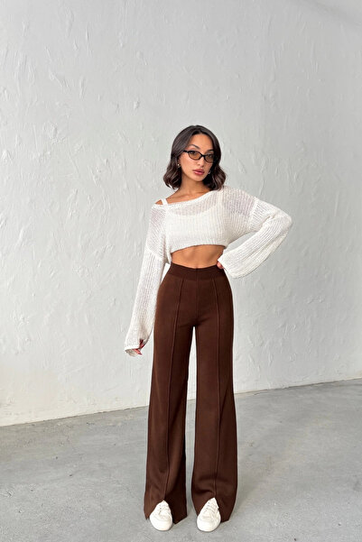 Lusin Women's Brown High Waist Stylish Striped Detail Wide Leg Knitwear Pants