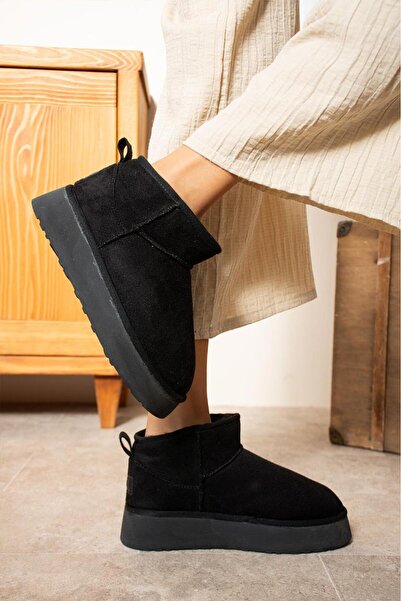 TREND İçi Kürklü Kalın Taban Süet Bot Siyah Renk