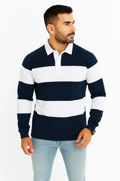 Alfanora Men's Polo Neck Long Sleeve Striped Sweatshirt Trend Rugby Style - Navy Blue