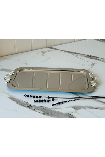 Melinda 6 Pieces Silver Rectangular Removable Handle Detailed Serving Tray for Tea, Coffee, Treats (33X17Cm)