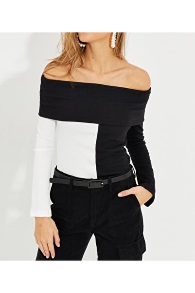 Be Best Women's Black-White Madonna Collar Blocky Ribbed Knit Blouse Be190