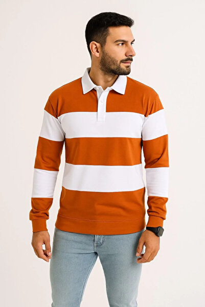 mzpkartan Men's Polo Neck Long Sleeve Striped Sweatshirt Trend Rugby Style - Orange