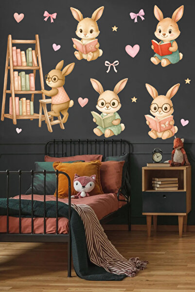 Sticker Sepetim Reading Time Cute Rabbits Watercolor Children's Room Wall Sticker Set