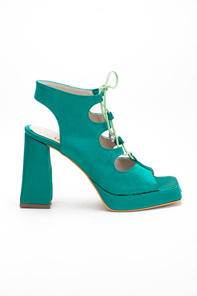 LİLLA Women's Square Toe Platform Thick Heeled Green Satin Lace-Up Evening Dress Shoes