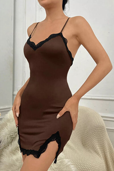 Zikuv Slit Stylish Dress with Brown Bust and Legs Decorated with Lace