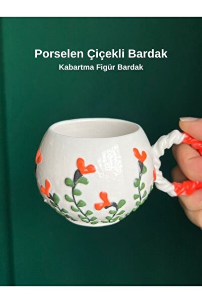 Tuana Trend Turuncu Çiçek Figürlü Porselen Bardak Çay Kahve Fincanı