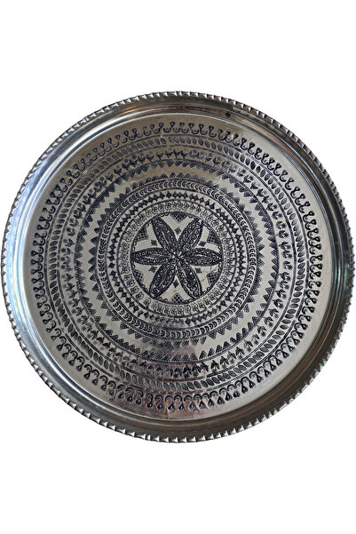 Binbir Trend 52 cm Hand Embroidered Authentic Patterned Thick Urfa Copper Tray - Pewter
