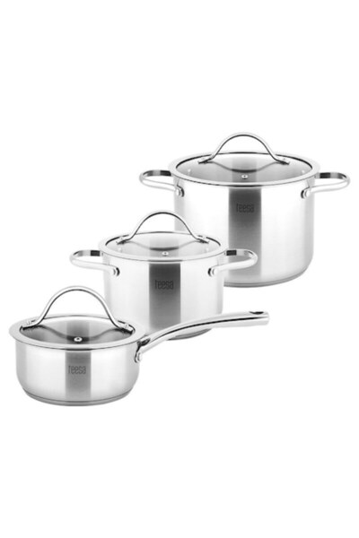 Teesa Set of 3 Stainless Steel Pots 1/3/6 L with Glass Lids and Internal Measuring Scale