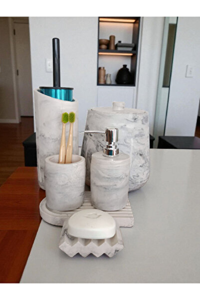 Trust Stone Set de baie din beton din seria Marble, coș de gunoi, set de perie de toaletă, tavă, dozator de săpun lichid și solid,