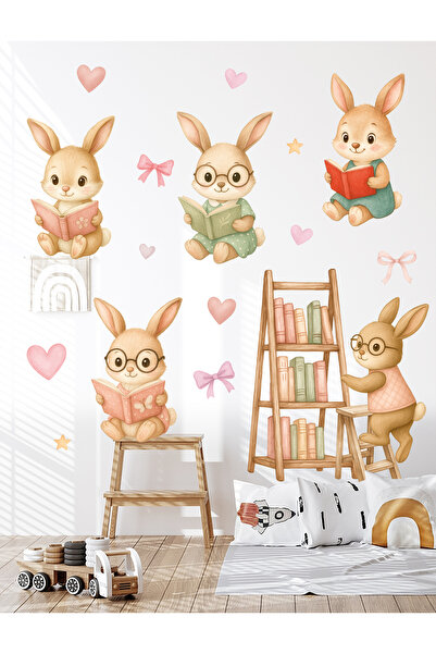 Sticker Sepetim Reading Time Cute Rabbits Watercolor Children's Room Wall Sticker Set