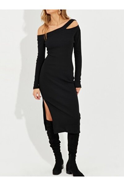 Be Best Women's Black Asymmetrical Neckline Window Slit Midi Dress Be189