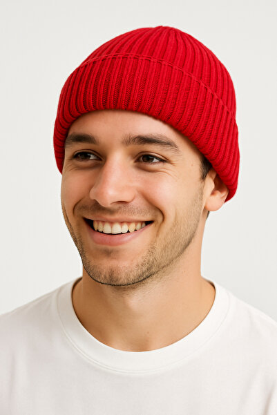 ZERAMİNE Men's - Women's Knitwear Beanie |   Thick Winter Ribbed Beanie |   Red