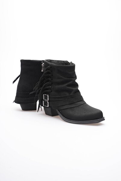 Mubiano Kadın Süet Bot Büzgülü Topuklu Püsküllü Siyah Ferra