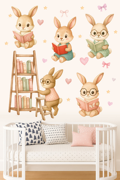 Sticker Sepetim Okuma Zamanı Sevimli Tavşanlar Sulu Boya Çocuk Odası Duvar Sticker Seti