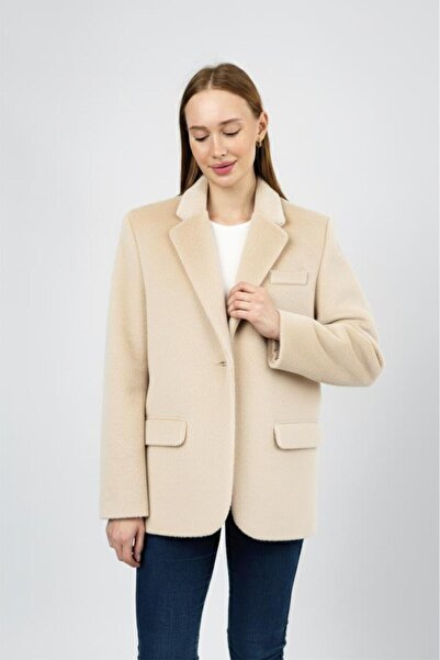 Betimoda Women's Plush Belted Feather Jacket Stone