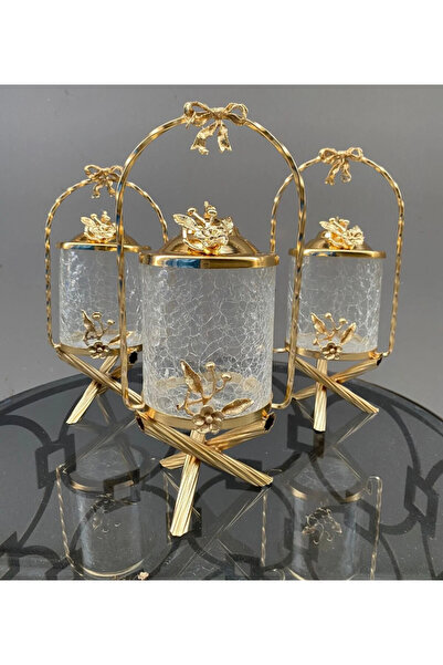 İmren Collection Basket Model 3-Piece Jar Set Gold Color