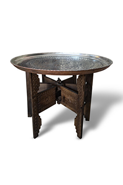 Binbir Trend 52 cm Hand Embroidered Authentic Patterned Thick Urfa Copper Tray - Pewter-Tps448