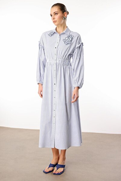 Moda İlgi MODAİLGİ Çizgili Uzun Gömlek Elbise 60045 Lacivert